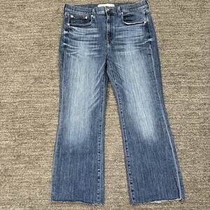 AYR The Pop Jeans Women 32 Short Blue Crop Frayed Hem Mid Rise Whiskered Stretch